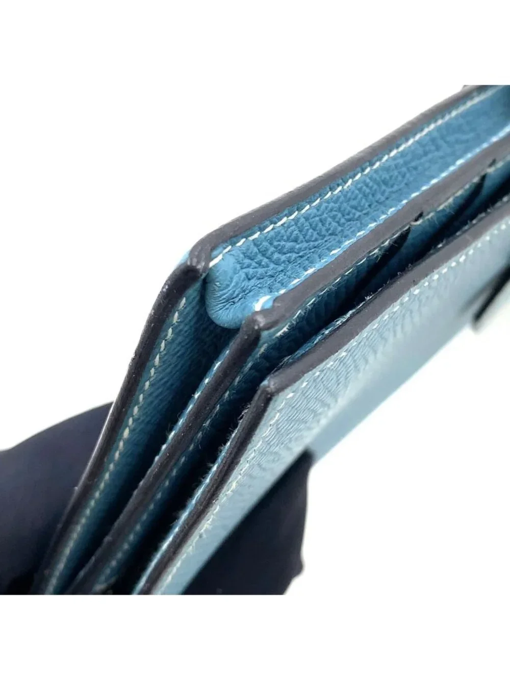 Hermes Bearn Souffle Leather Light Blue Wallet Silver